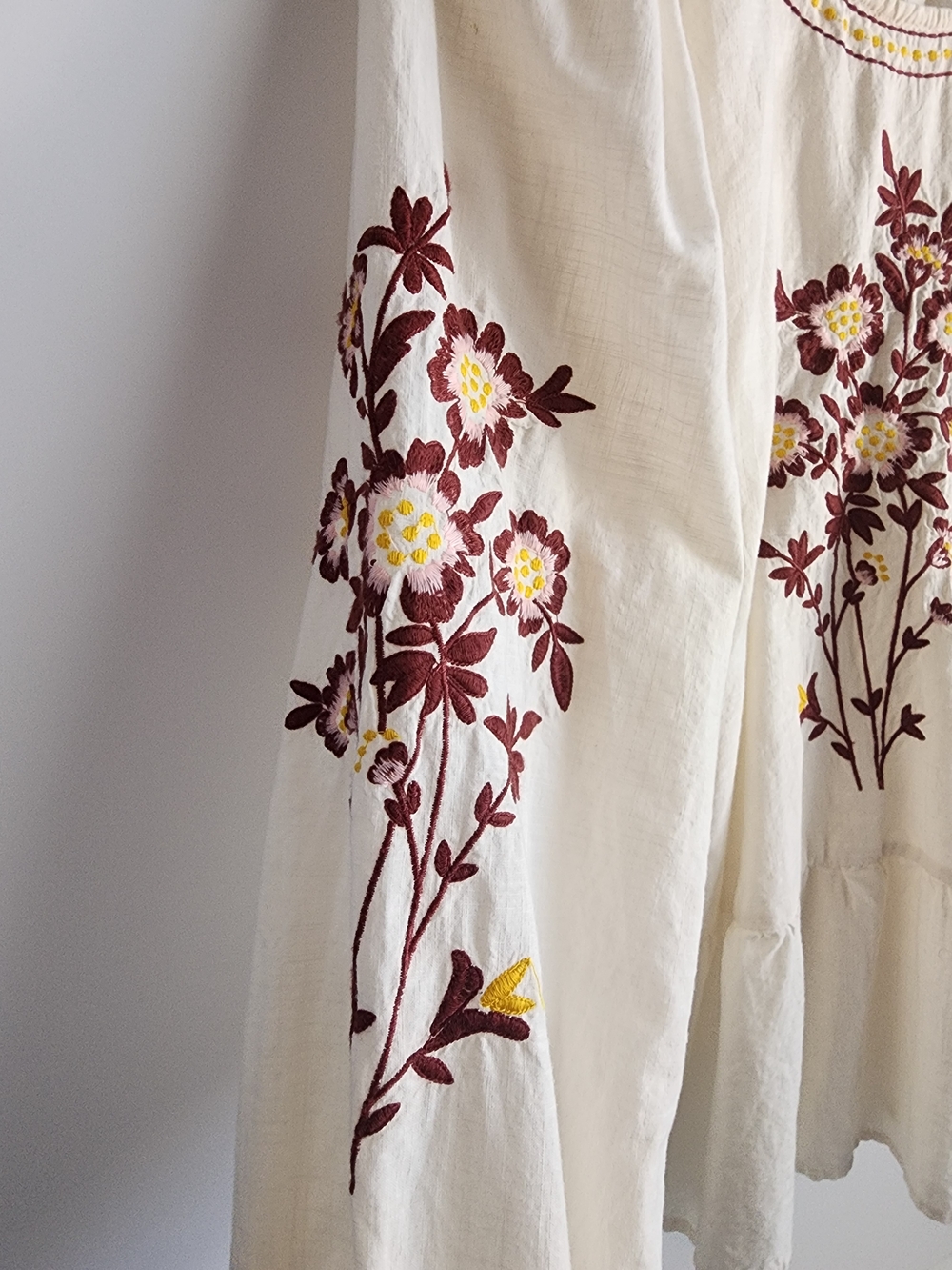 LOFT Cream Peasant Blouse with Burgundy, Pink and Yellow Floral Embroidery - Picture 3 of 13